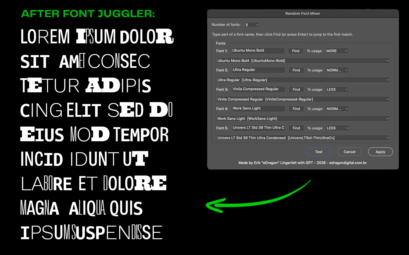 Font Juggler plugin interface and altered text result