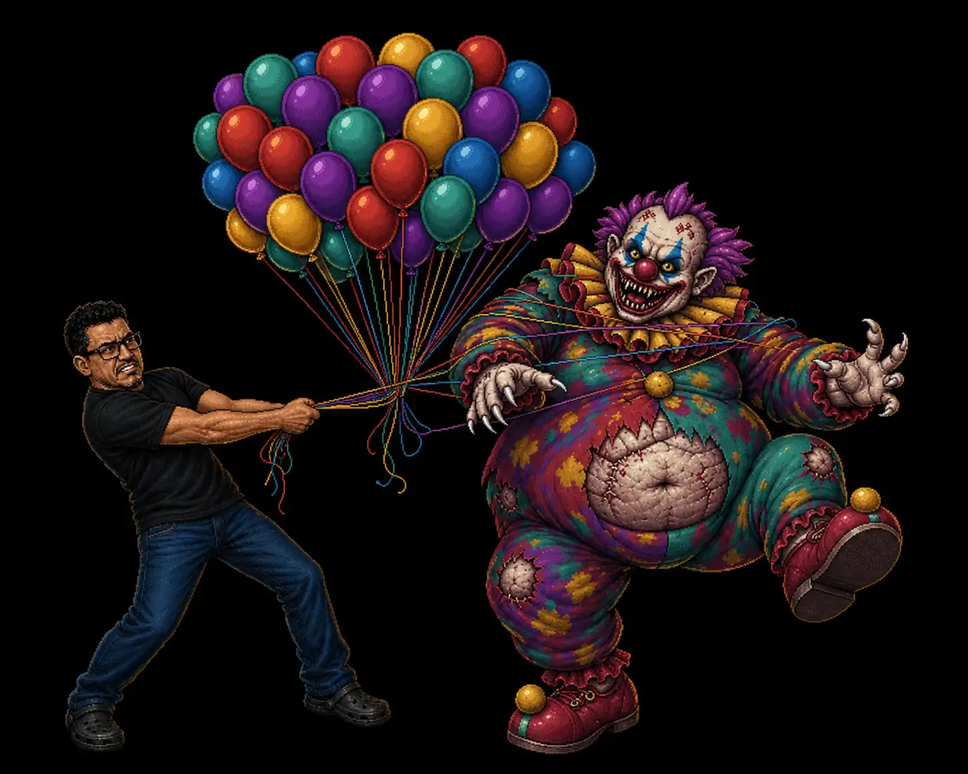 Erik struggling with balloons tangled around the Klown Beast