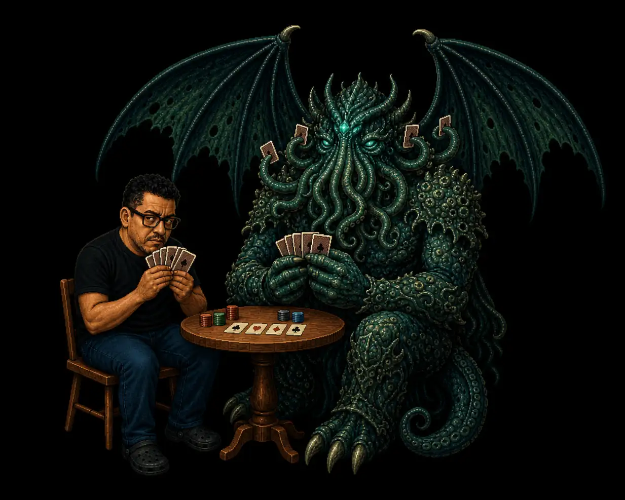 Erik playing cards with Cthulhu after the final battle