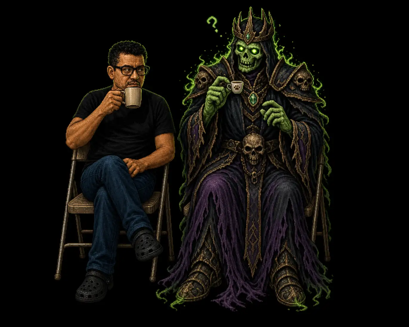 Erik sharing an awkward coffee break with the Grave Warden
