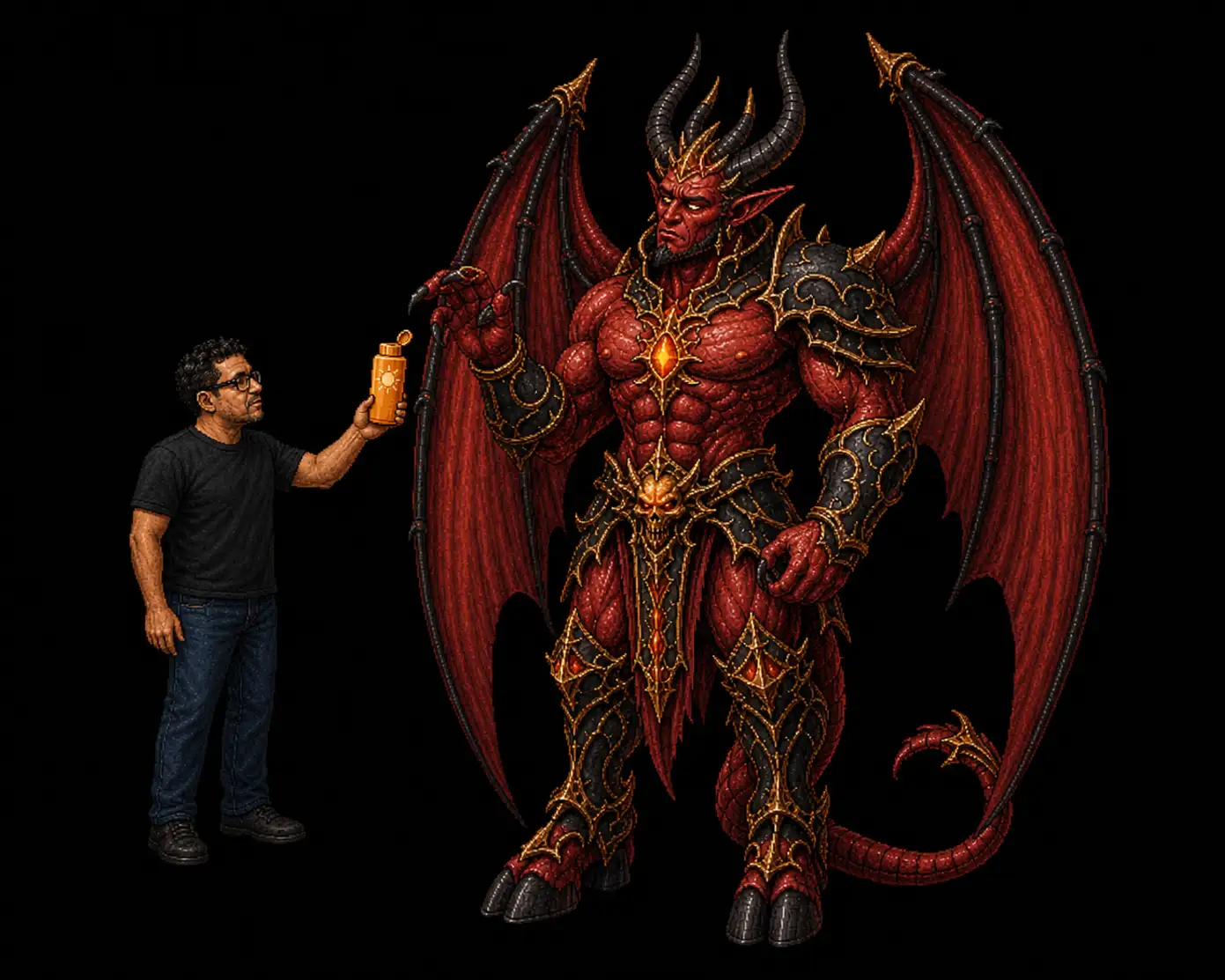Erik offering sunscreen to a confused Infernal Lord