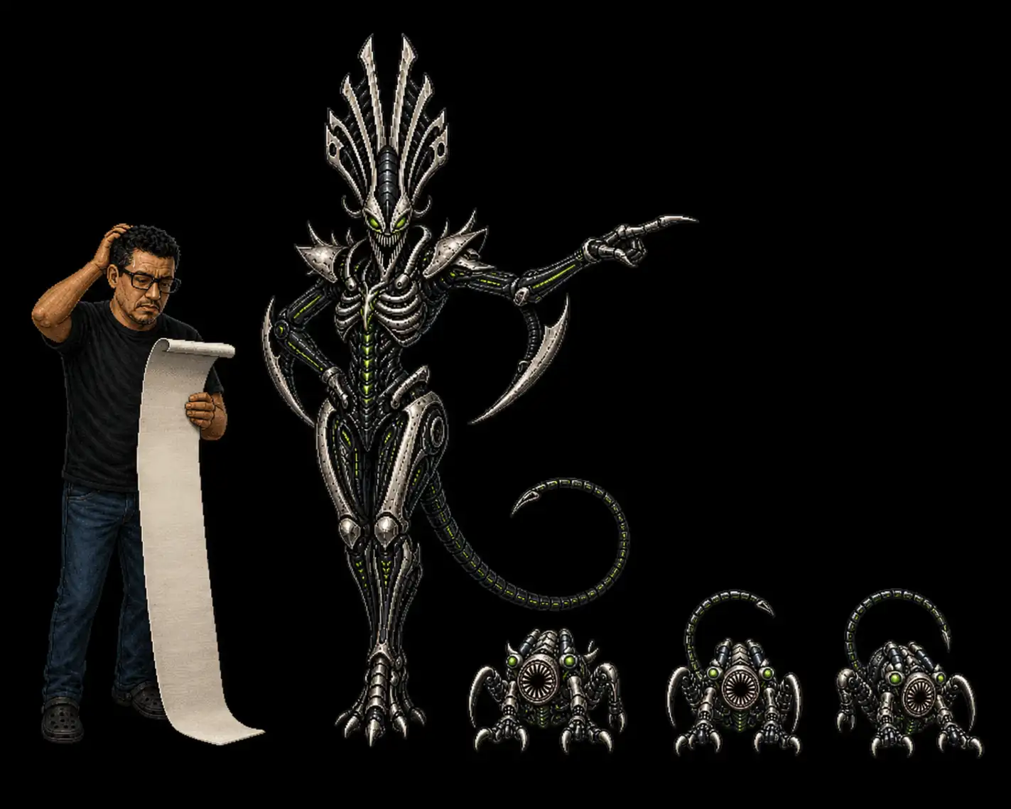 Erik reviewing a long script while the Hive Queen directs her parasites