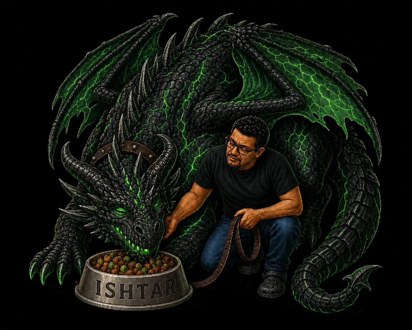 Erik feeding the Corrupted Dragon from a bowl labeled Ishtar